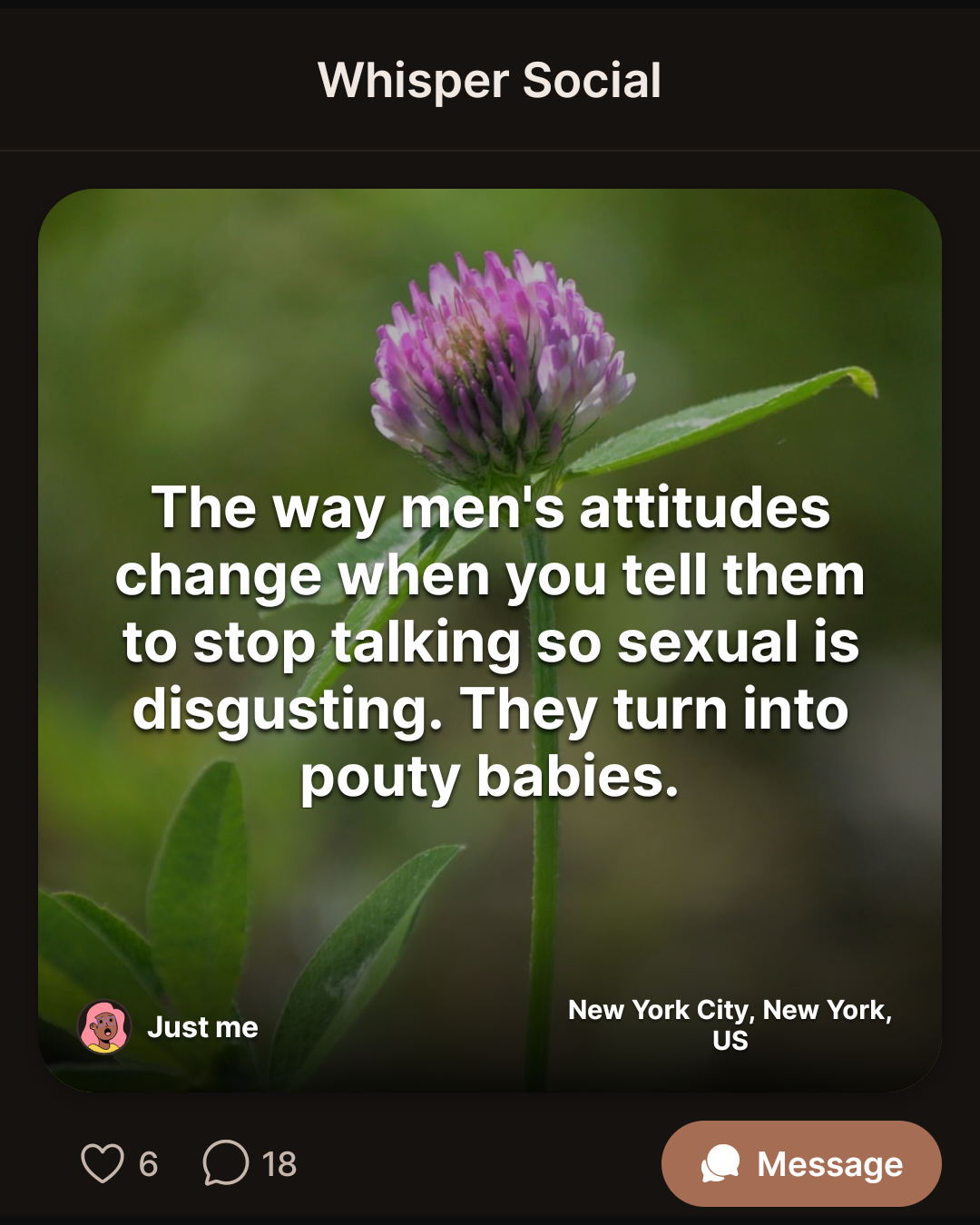 The way men’s attitudes change when you tell them to stop talking so sexual is disgusting. They turn into pouty babies.