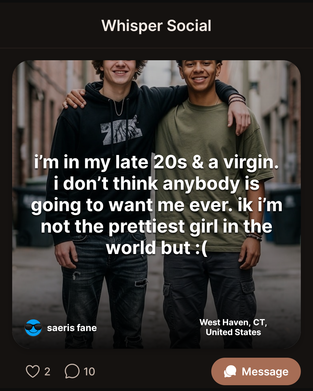 i’m in my late 20s & a virgin. i don’t think anybody is going to want me ever. ik i’m not the prettiest girl in the world but :(