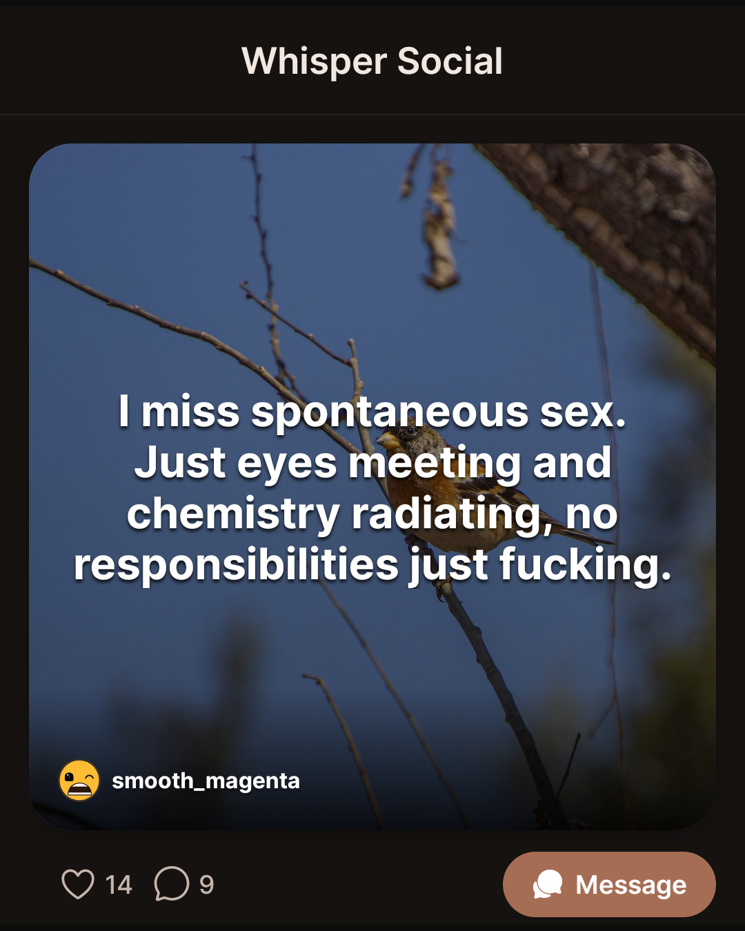 I miss spontaneous sex. Just eyes meeting and chemistry radiating, no responsibilities just fucking.