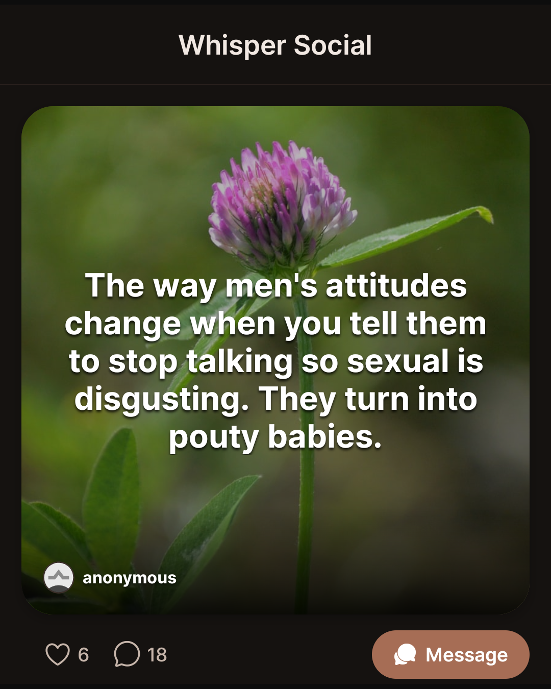 The way men’s attitudes change when you tell them to stop talking so sexual is disgusting. They turn into pouty babies.