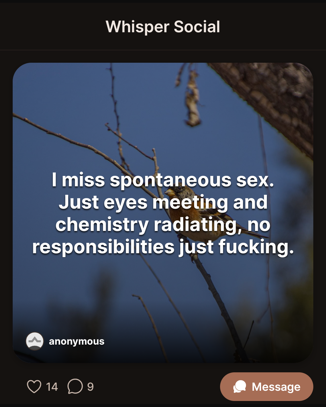 I miss spontaneous sex. Just eyes meeting and chemistry radiating, no responsibilities just fucking.