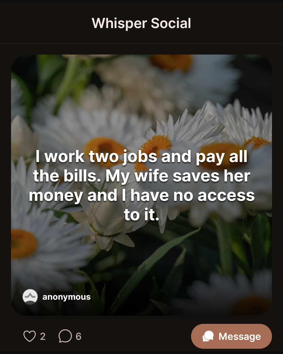 I work two jobs and pay all the bills. My wife saves her money and I have no access to it.