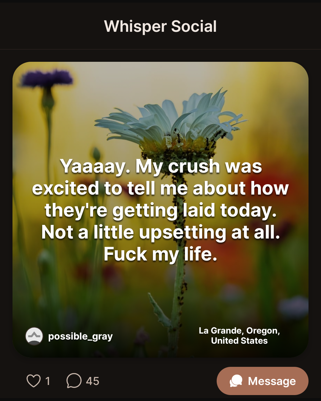Yaaaay. My crush was excited to tell me about how they’re getting laid today…