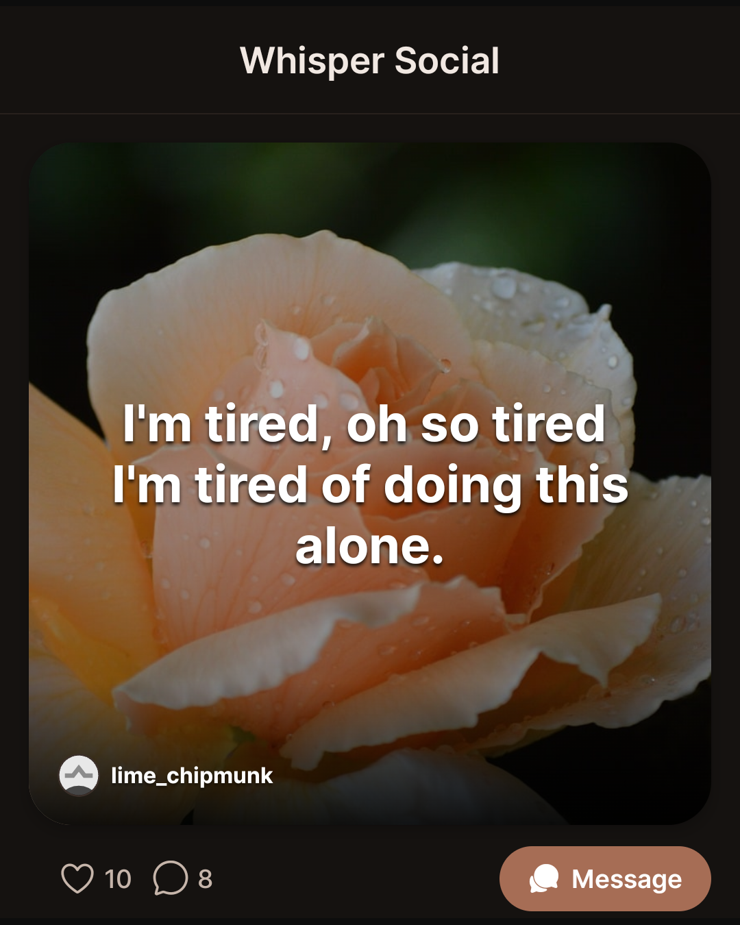 I’m tired, oh so tired I’m tired of doing this alone.