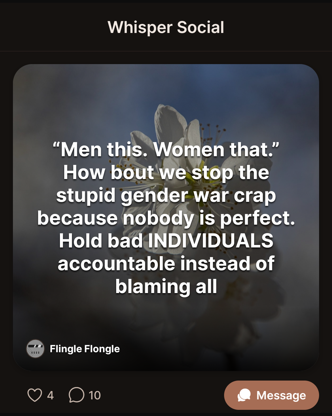 โMen this. Women that.โ How bout we stop the stupid gender war crap because nobody is perfect. Hold bad INDIVIDUALS accountable instead of blaming all